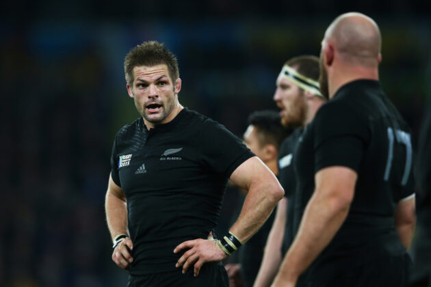 New Zealand's Richie McCaw stands with hands on hips during the 2015 Rugby World Cup final