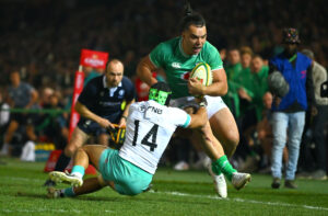 Ireland's James Lowe is tackled by South Africa's Cheslin Kolbe during the 2024 Test in Pretoria