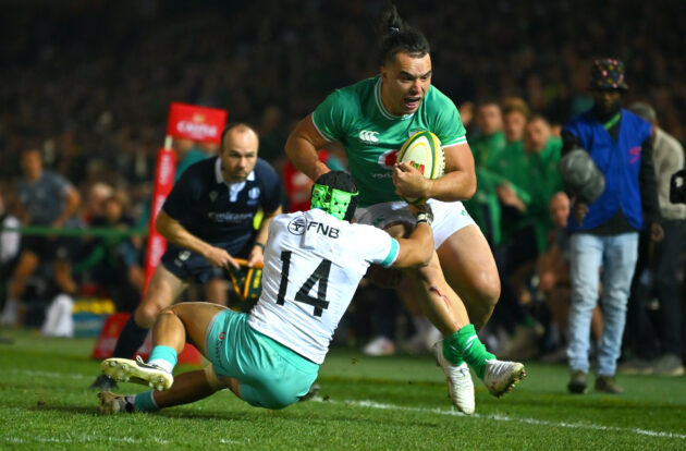 Ireland's James Lowe is tackled by South Africa's Cheslin Kolbe during the 2024 Test in Pretoria