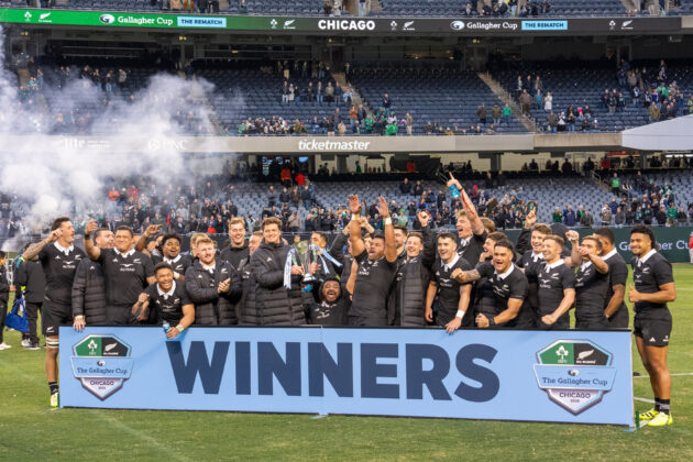 New Zealand players celebrate their victory over Ireland. (Photo by Raj Chavda/SOPA Images/LightRocket via Getty Images)