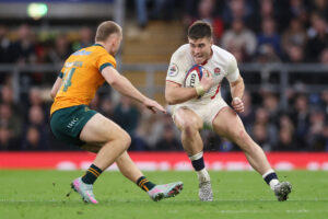 England’s Tommy Freeman takes on Australia's Max Jorgensen during the November 2025 Quilter Nations Series match