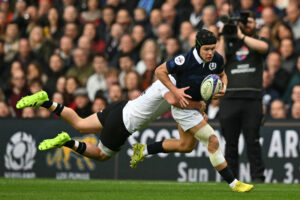 New Zealand's Leroy Carter tackles Scotland's Darcy Graham during the 2025 Autumn Nations Series match in Edinburgh