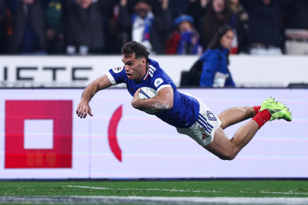 Damian Penaud dives to score France's first try in the 2025 Quilter Nations Series game against South Africa