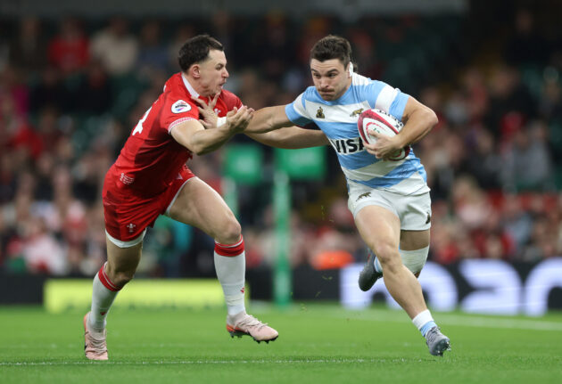 Mateo Carreras of Argentina runs with the ball as Wales Tom Rogers attempts a challenge during the November 2025 Quilter Nations Series match