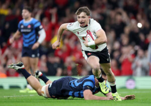 Wales' Dan Edwards on his way to scoring a try against Japan in the November 2025 Quilter Nations Series match
