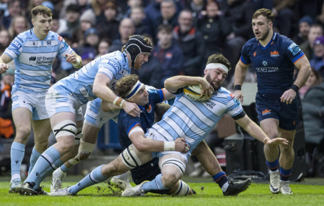Edinburgh's Ally Miller and Jamie Ritchie go to ground during the December 2024 URC match against Glasgow Warriors