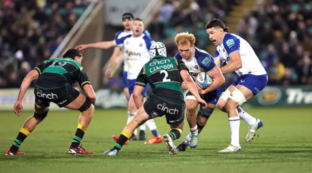 Miles Reid of Bath takes the ball into contact during the January 2025 PREM Rugby clash