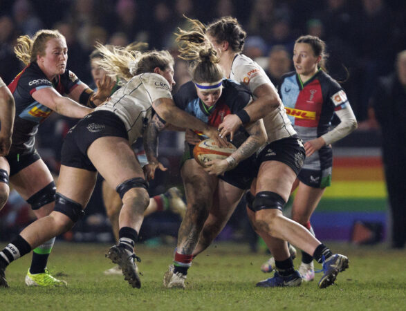 Harlequins' Jade Konkel runs into Bristol Bears traffic during the PWR match in February 2025