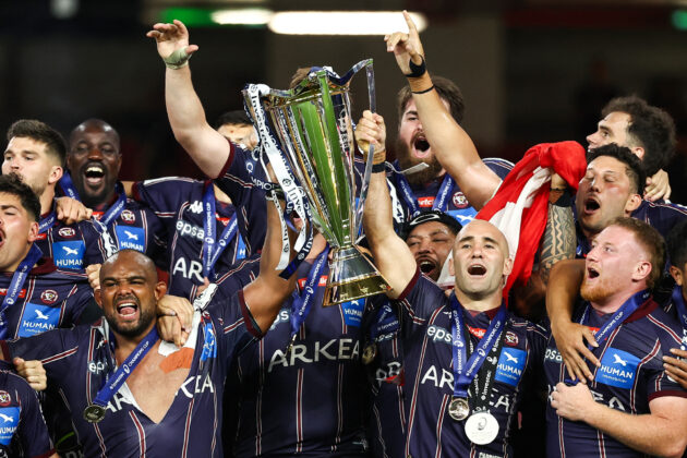 Jefferson Poirot and Maxime Lucu lead the celebrations after Bordeaux Begles Champions Cup victory in London in 2025.