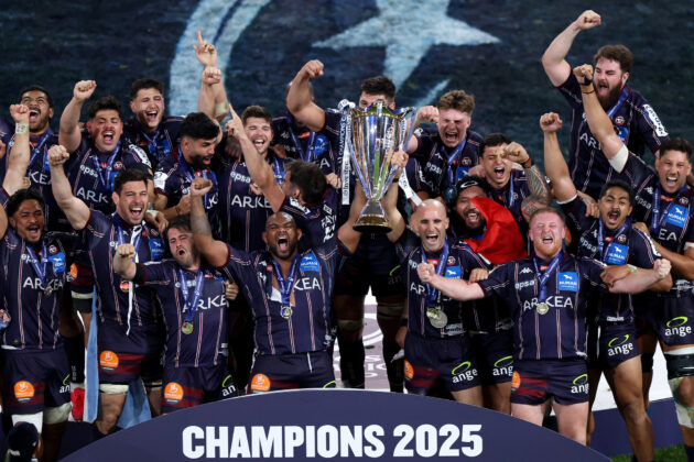 The Bordeaux Bègles team celebrate winning the 2024-25 European Rugby Champions Cup