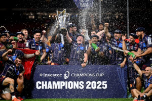 Bordeaux Bègles players celebrate winning the European Rugby Champions Cup in Cardiff in May 2025