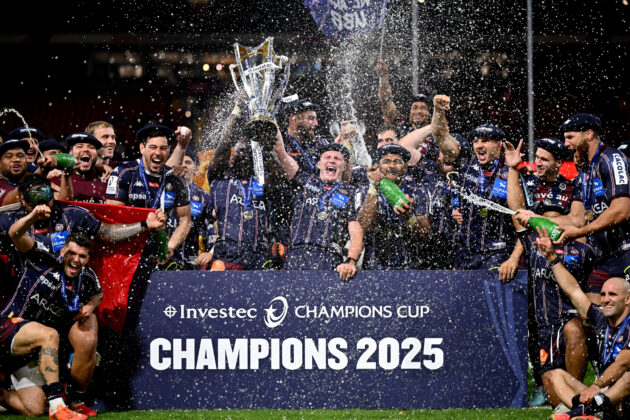 Bordeaux Bègles players celebrate winning the European Rugby Champions Cup in Cardiff in May 2025