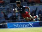 Saracens' Noah Caluori scores a try during his side's October 2025 PREM Rugby match against Sale Sharks.