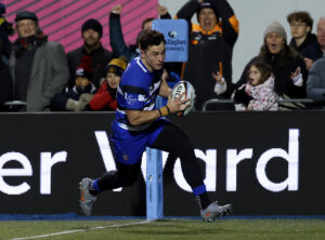 Henry Arundell of Bath on the way to scoring his second try during the November 2025 PREM Rugby match against Saracens