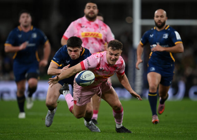 Harlequins' Jarrod Evans gathers the ball during the December 2025 Champions Cup match against Leinster