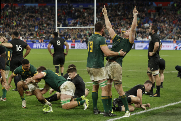 South African players celebrate winning the 2023 Men’s Rugby World Cup.