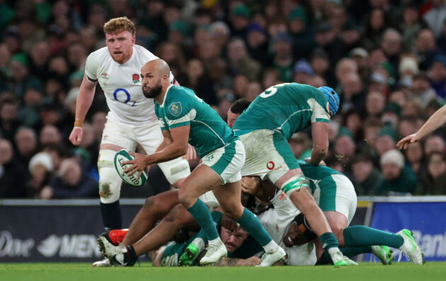 Ireland's Jamison Gibson Park prepares to pass the ball during the 2025 Six Nations match against England