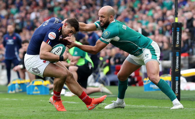 Thomas Ramos of France is tackled by Ireland’s Jamison Gibson-Park during the 2025 Six Nations match in Dublin