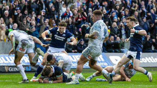 Scotland’s Huw Jones scores the team’s fifth try in the 2025 Six Nations victory over Italy.