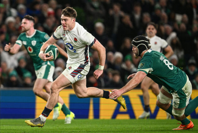 England’s Tommy Freeman on his way to scoring a try during the 2025 Six Nations game against Ireland