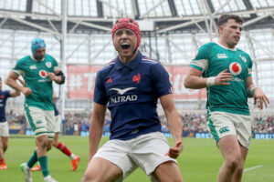 France wing Louis Bielle-Biarrey celebrates after scoring the opening try against Ireland during the 2025 Six Nations match