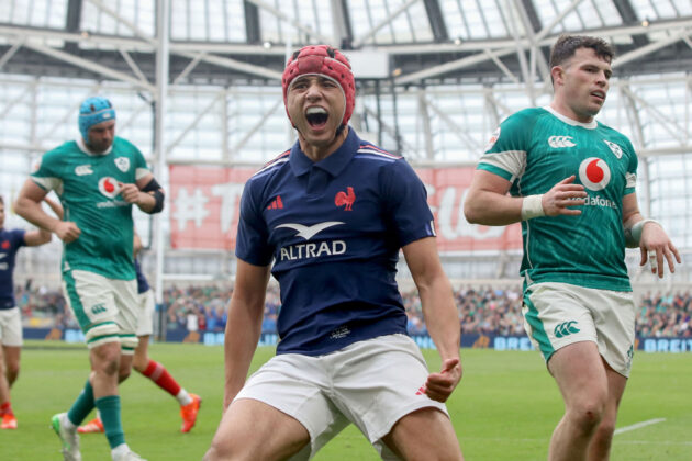 France wing Louis Bielle-Biarrey celebrates after scoring the opening try against Ireland during the 2025 Six Nations match