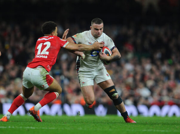 Wales' Ben Thomas tackles England’s Ben Earl during the 2025 Six Nations match