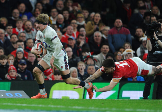 England's Henry Pollock on his way to scoring a try during the 2025 Six Nations victory over Wales
