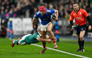 France’s Louis Bielle-Biarrey on his way to scoring his team’s first try against Ireland in the 2026 Six Nations