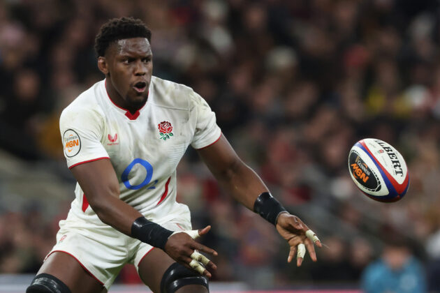 England's Maro Itoje passes the ball during the February 2026 Six Nations match against Wales
