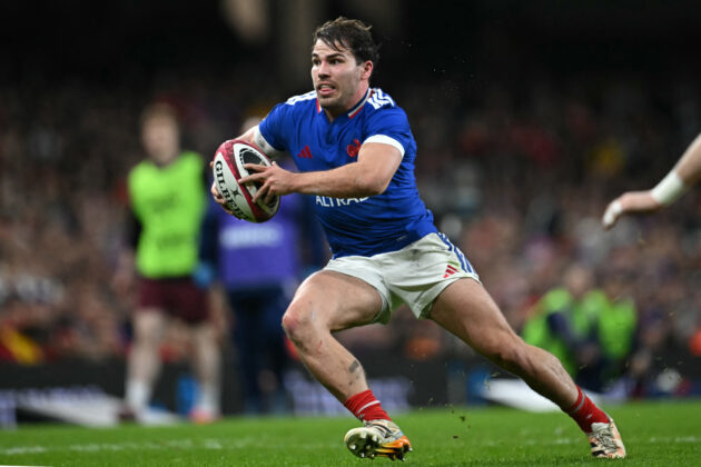 France's Antoine Dupont makes a break during the 2026 Six Nations match against Wales