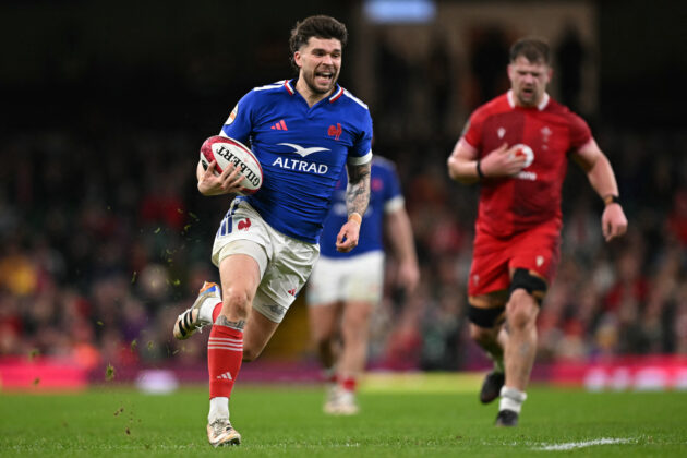 France’s Matthieu Jalibert on his way to scoring a try during the 2026 Six Nations match against Wales.
