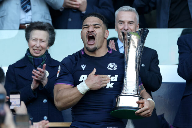 Sione Tuipulotu of Scotland celebrates as he is awarded the The Auld Alliance Trophy following the 2026 SIx Nations match against France