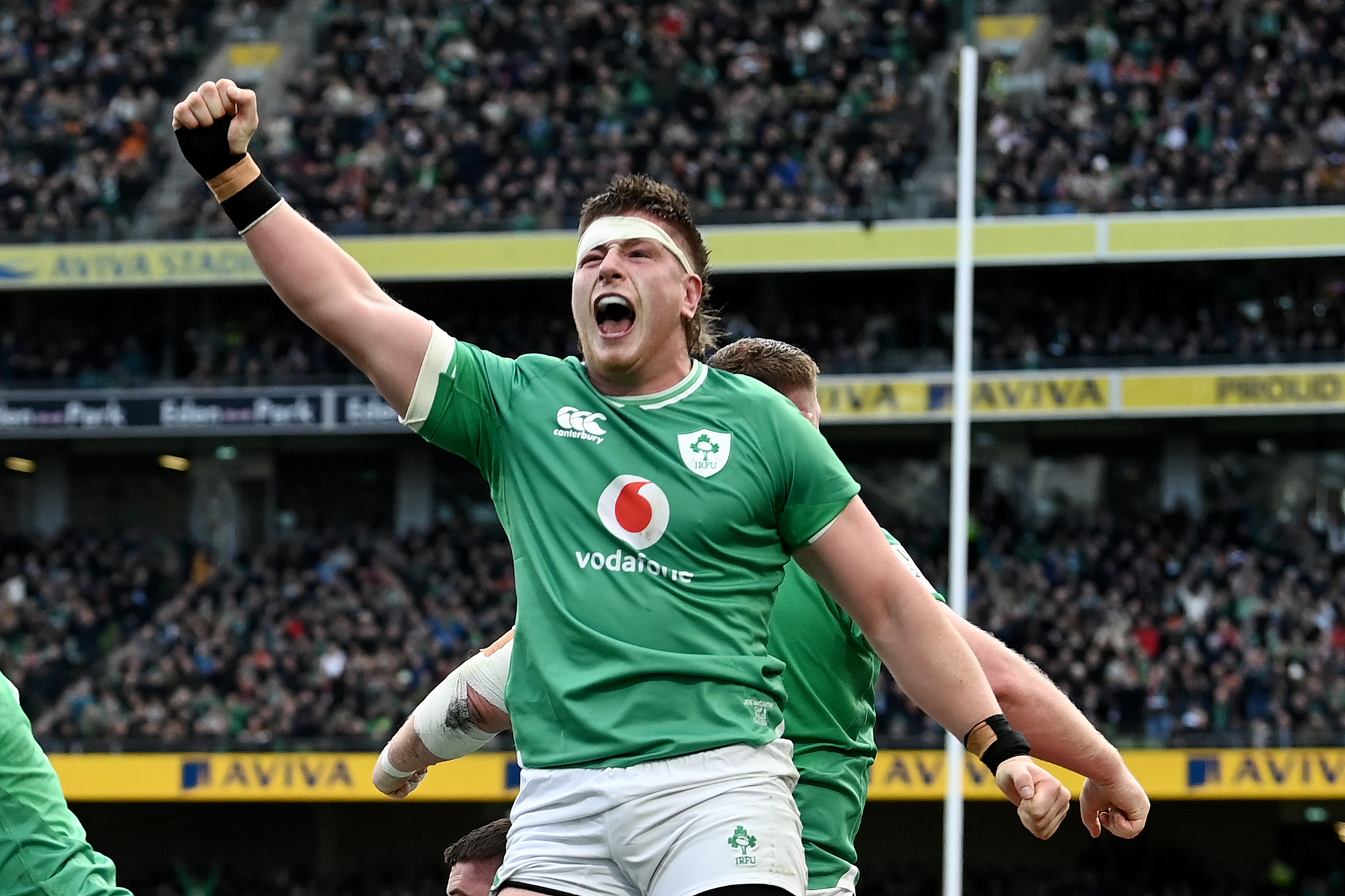 Ireland's Joe McCarthy celebrates a try during his team's 2026 Six Nations match against Wales