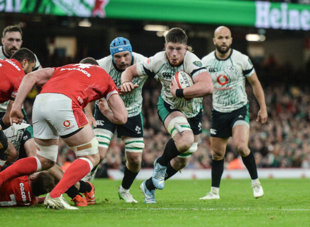 Ireland's Joe McCarthy runs with the ball during the 2025 Six Nations match against Wales