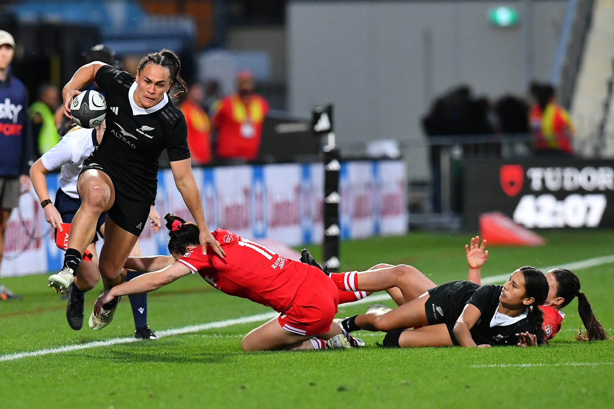 New Zealand's Portia Woodman-Wickliffe runs with the ball during the Pacific Four match against Canada in April 2026