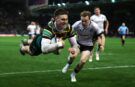 Northampton Saints' Tommy Freeman dives to score his fourth try during the October 2025 Gallagher PREM match against Saracens
