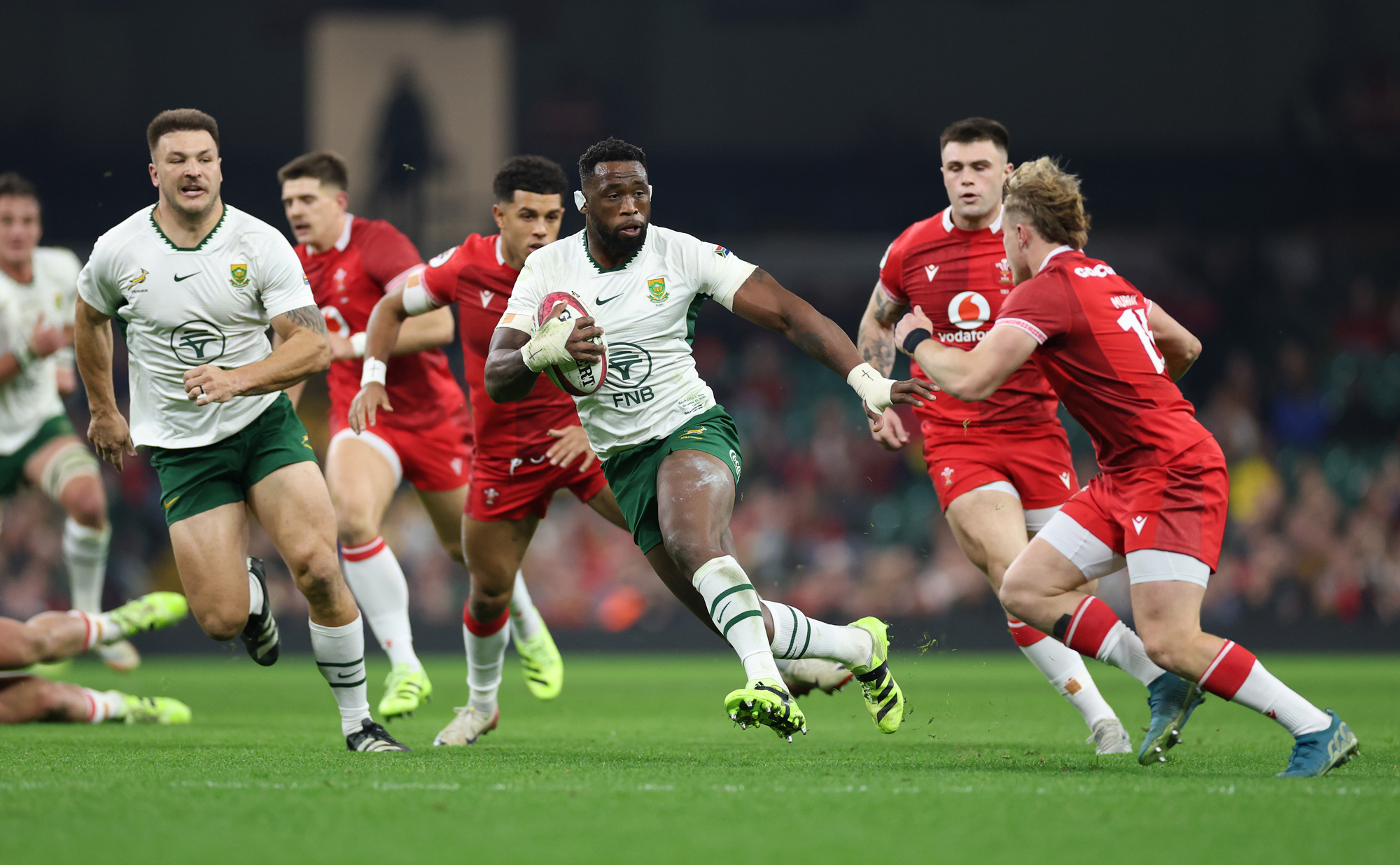 South Africa's Siya Kolisi runs with the ball during the November 2025 Quilter Nations Series match against Wales