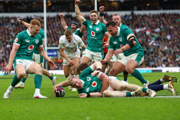 Ireland's Jamie Osborne celebrates scoring a try against England in the 2026 Men’s Six Nations