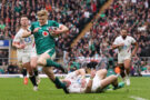 Tommy O’Brien on his way to scoring Ireland's third try against England in the 2026 Six Nations