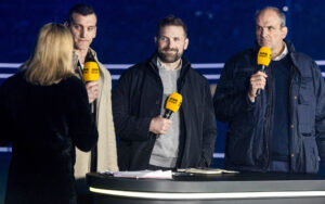 Gabby Logan, Sam Warburton, John Barclay and Martin Johnson presenting for the BBC at the Wales v Scotland Six Nations match in February 2026.