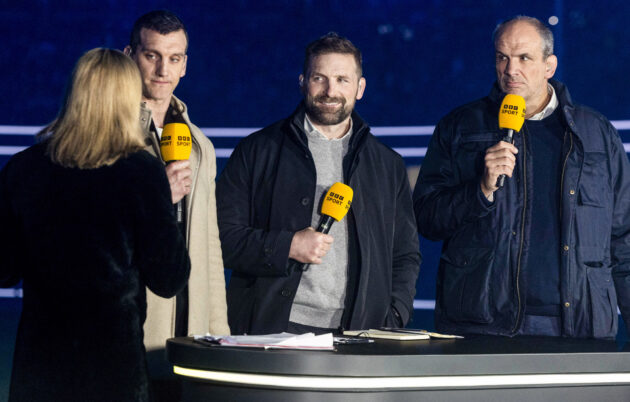 Gabby Logan, Sam Warburton, John Barclay and Martin Johnson presenting for the BBC at the Wales v Scotland Six Nations match in February 2026.