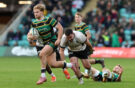 James Martin of Northampton Saints makes a break against Saracens during a February 2026 Prem Rugby Cup match