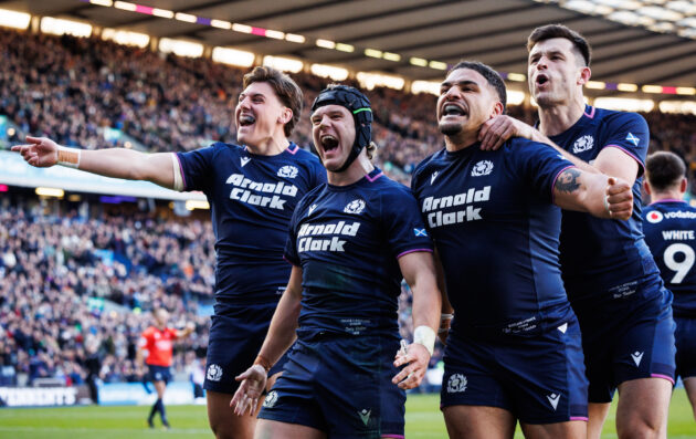 Scotland players celebrate a try during the 2026 Six Nations match against France.