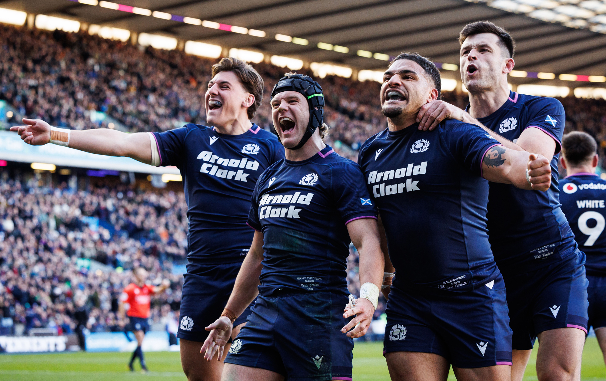 Scotland players celebrate a try during the 2026 Six Nations match against France.