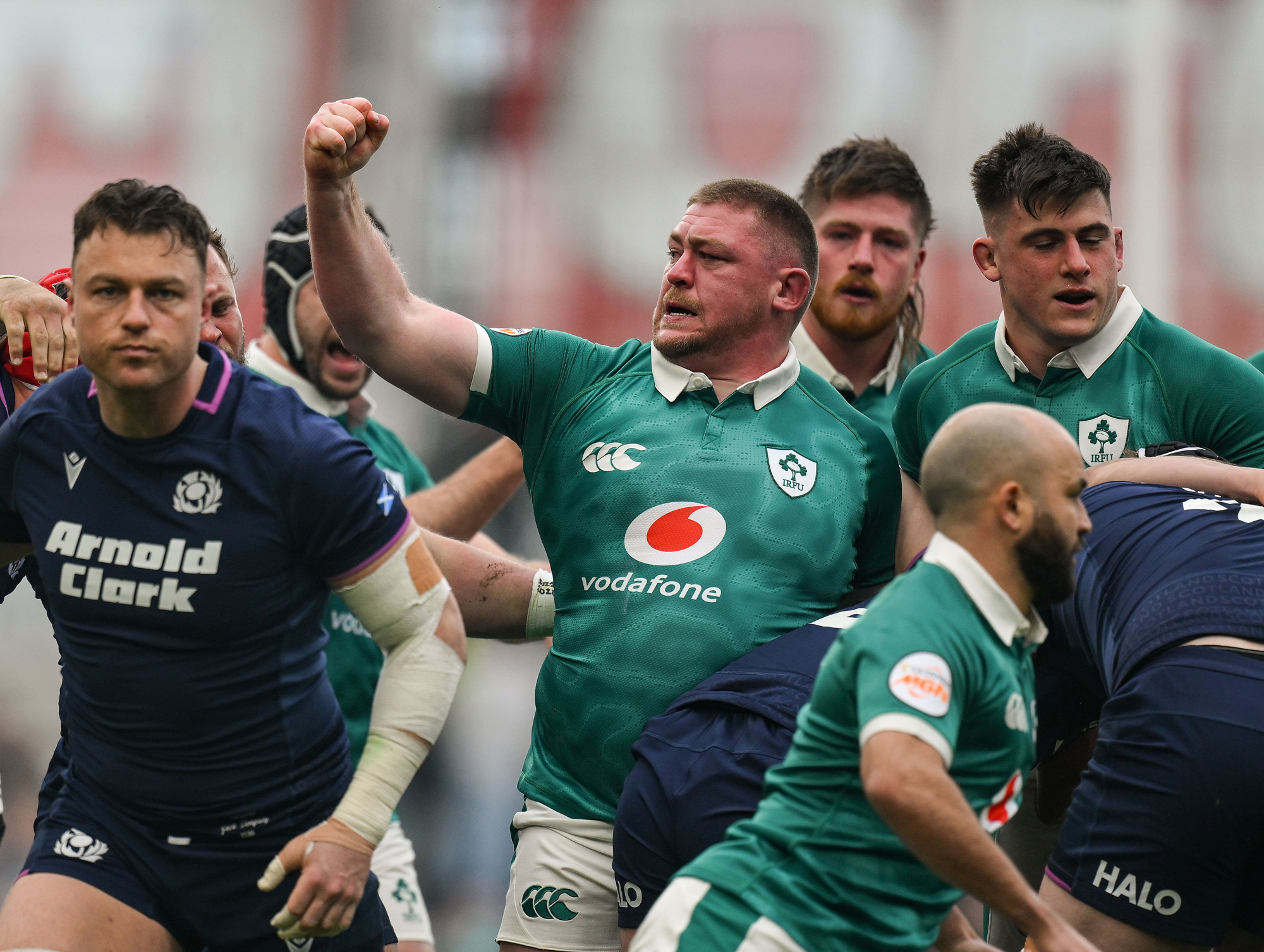 Ireland's Tadhg Furlong celebrates winning a scrum penalty during the Men's Six Nations 2026 match against Scotland