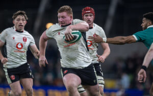 Wales Rhys Carre runs with the ball on the way to scoring a try against Ireland in the 2026 Six Nations match in Dublin