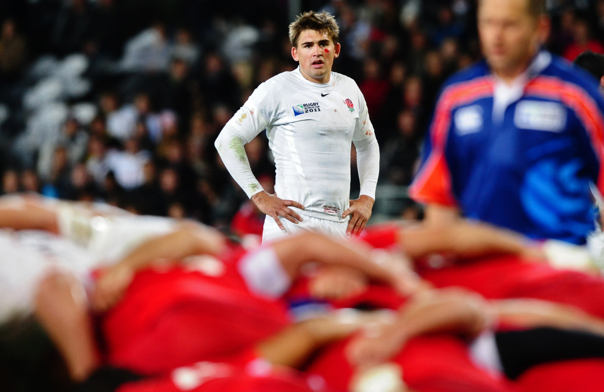 England's Toby Flood watches the scrum during the 2011 World Cup match against Georgia