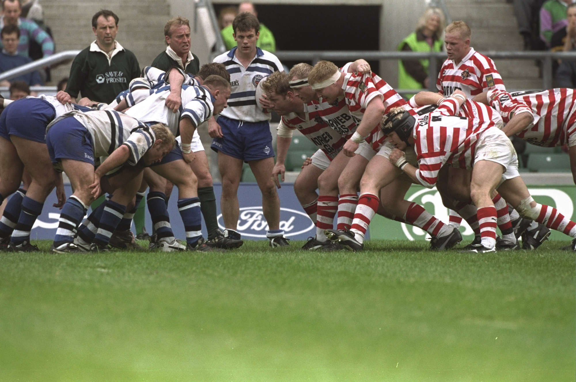Bath and Wigan scrummage during the rugby union leg of the Clash of the Codes in May 1996.