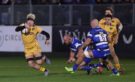 Henry Pollock of Northampton Saints runs with the ball during the December 2025 PREM Rugby match against Bath.